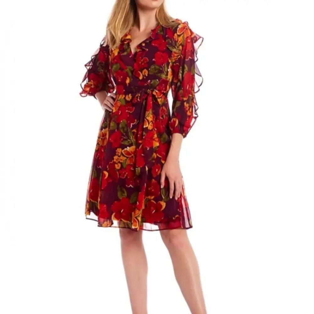 Calvin Klein Red and Orange Long Sleeve Plunge Sundress Size 20